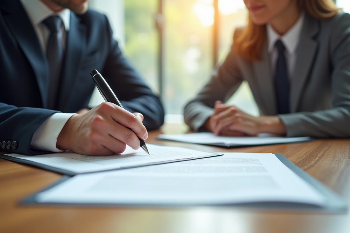 Deux professionnels signant un contrat au bureau