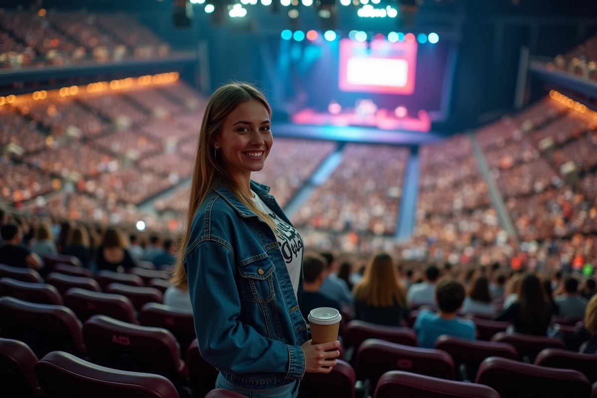 Spectatrice souriante en tribune numérotée lors d'un concert à l'Accor Arena de Bercy