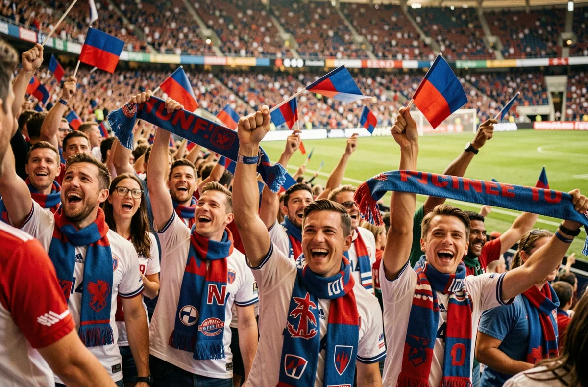 Supporters brandissant des drapeaux et écharpes bleu et rouge dans un stade de football