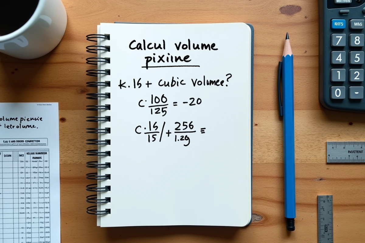 Tableau de calcul du volume d'une piscine en m3 et litres avec formules manuscrites sur un carnet
