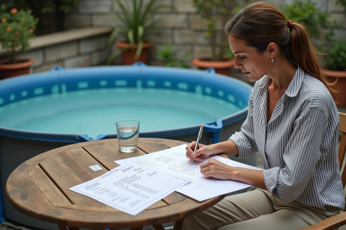 Femme calculant le volume d'eau d'une piscine hors-sol avec un tableau de conversion m3 et litres