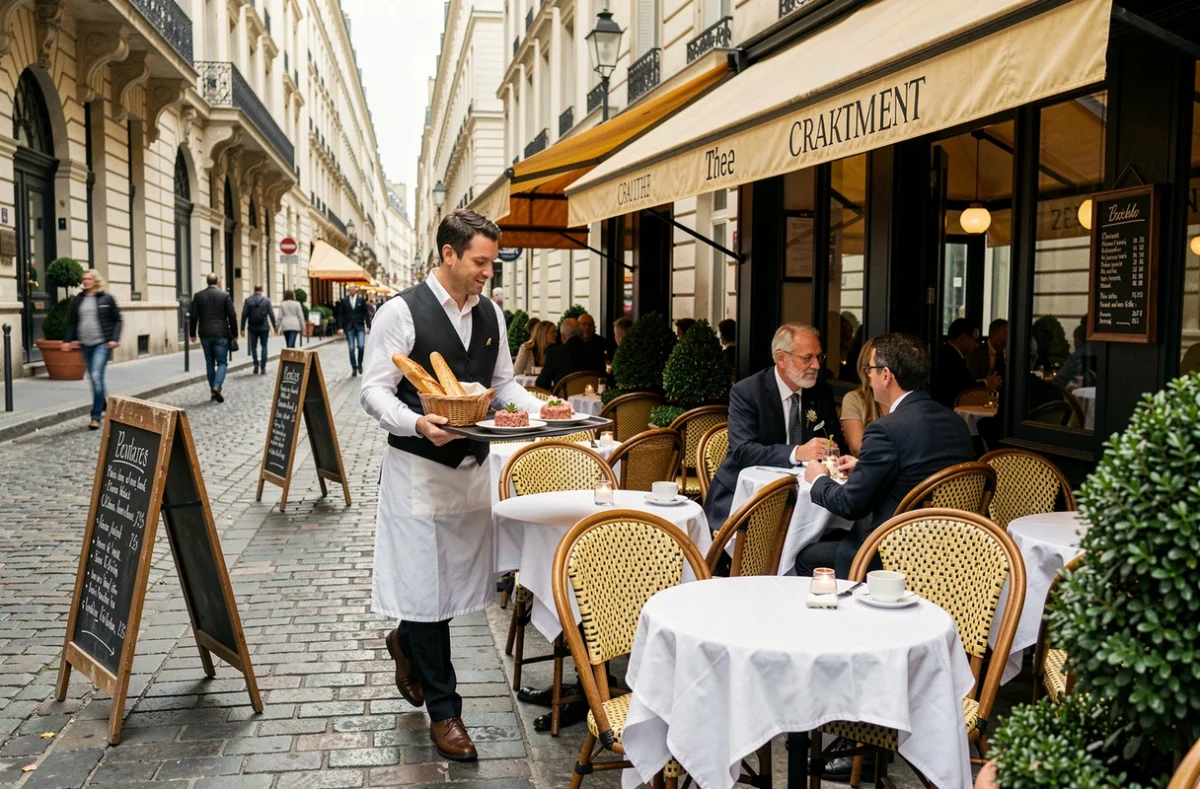Terrasses de restaurants parisiens dans une rue pavée du 2e arrondissement près du passage Vivienne