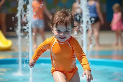 Tout-petit en maillot de bain jouant dans un espace aplouf avec jets d'eau au sol dans une aire aquatique adaptée aux jeunes enfants