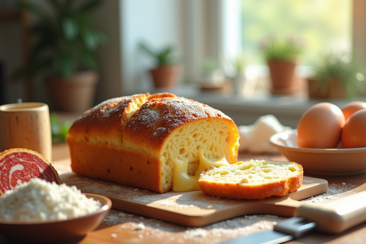 Tranches de gâteau au chorizo et fromage de chèvre en cours de découpe