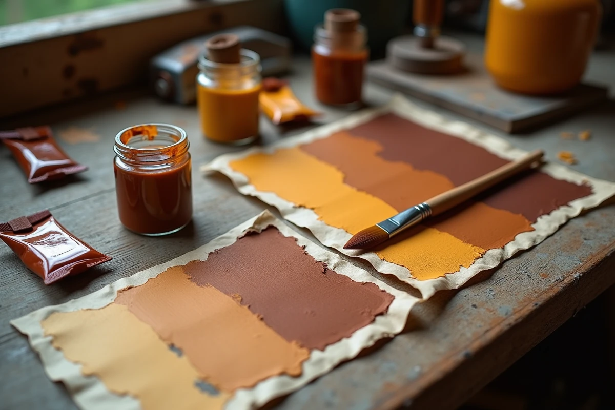 Gros plan sur un établi de peintre avec tubes de couleurs et mélanges de brun pour bois et peau