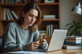Jeune femme vérifiant un site de vente de cartes Pokémon sur son ordinateur portable tout en tenant une carte dans la main