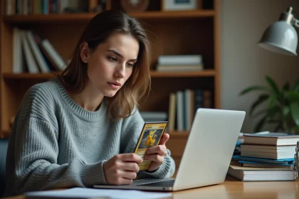 Jeune femme vérifiant un site de vente de cartes Pokémon sur son ordinateur portable tout en tenant une carte dans la main