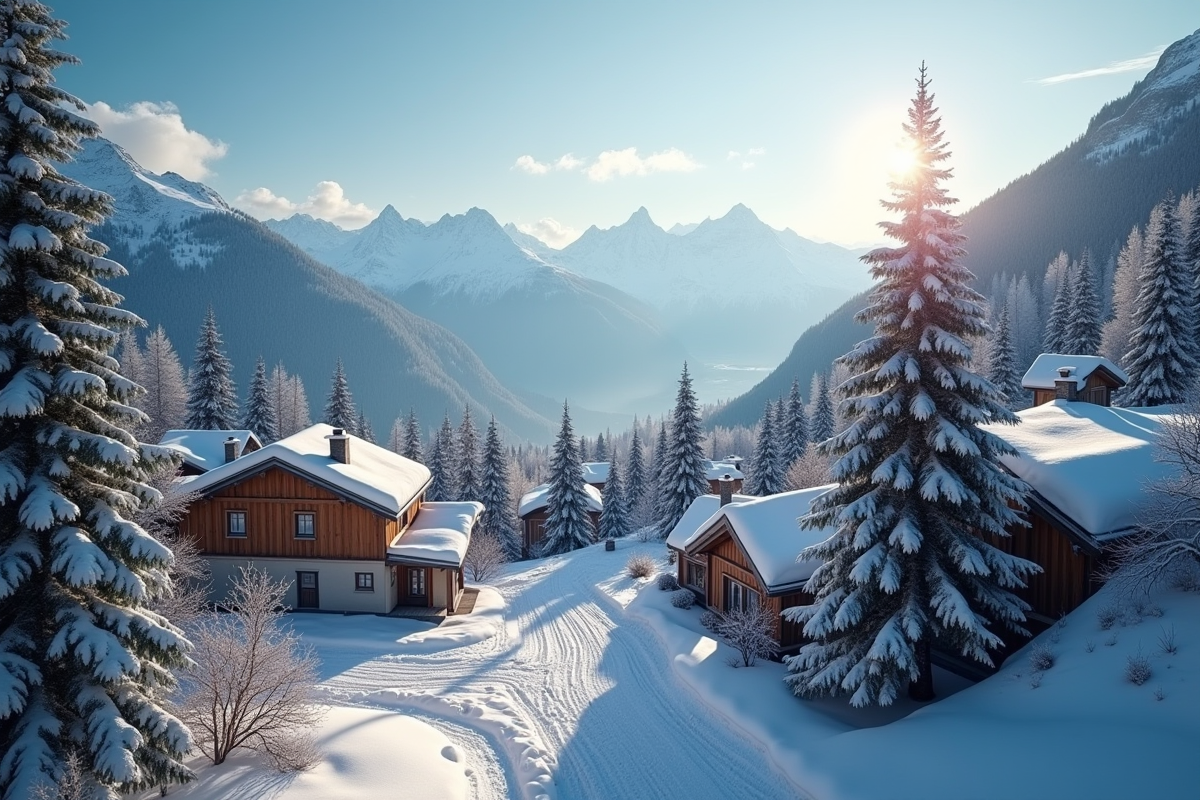 Village de montagne enneige vu d'une webcam avec soleil