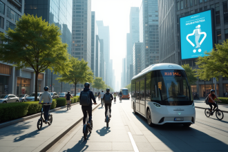 Ville futuriste animée avec scooters et shuttles autonomes