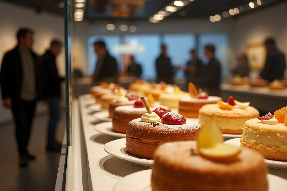 Vitrine avec gateaux basque et pâtisseries dans une salle moderne