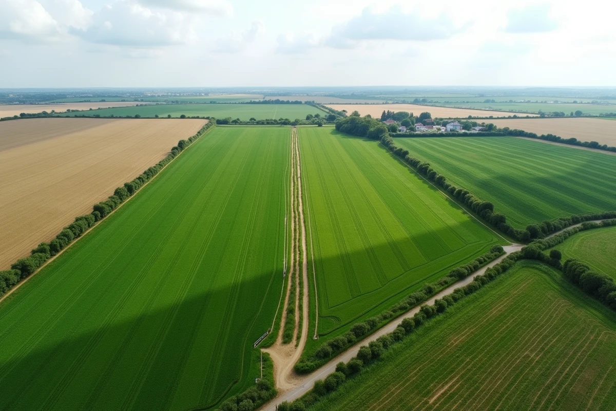 Vue aérienne d'une parcelle agricole de 10 hectares délimitée en sections mesurables dans la campagne française