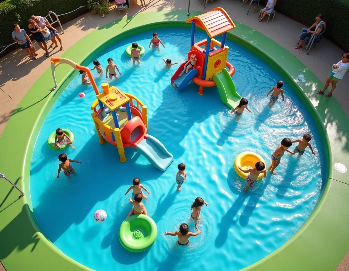 Vue d'ensemble d'une zone aplouf municipale adaptée aux tout-petits avec signalétique des règles et équipements aquatiques sécurisés